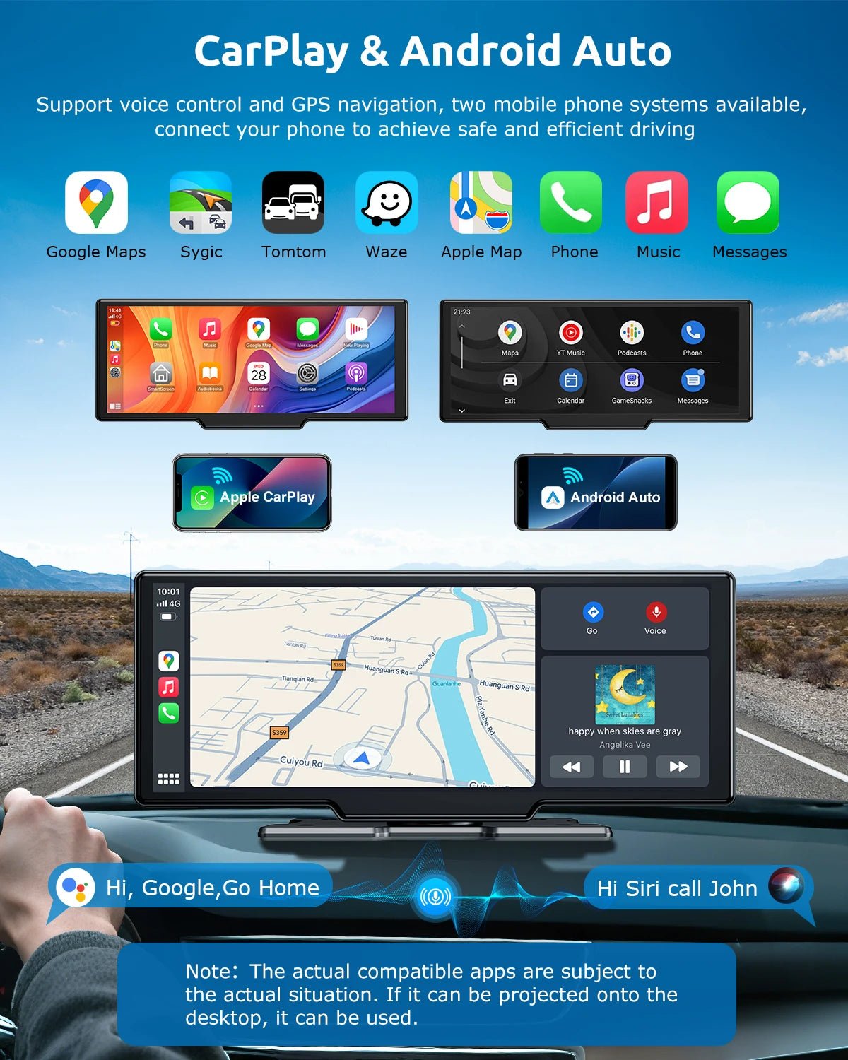 10.26" 4K Portable Touch Screen Dual Lens Car Dash Cam with Wireless Bluetooth, CarPlay, Android Auto, 64GB Storage, FM, AUX, and WiFi Connectivity - DriveNova
