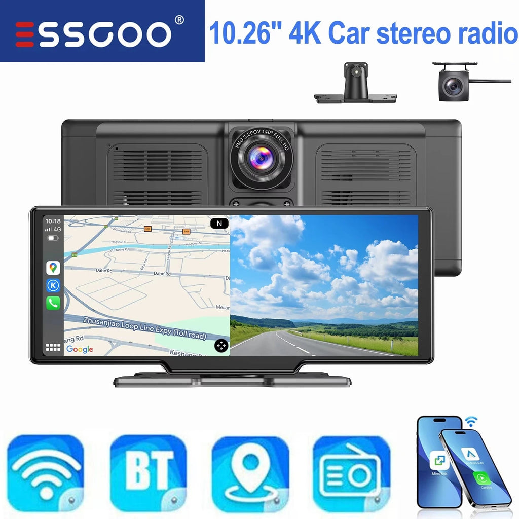 10.26" 4K Portable Touch Screen Dual Lens Car Dash Cam with Wireless Bluetooth, CarPlay, Android Auto, 64GB Storage, FM, AUX, and WiFi Connectivity - DriveNova