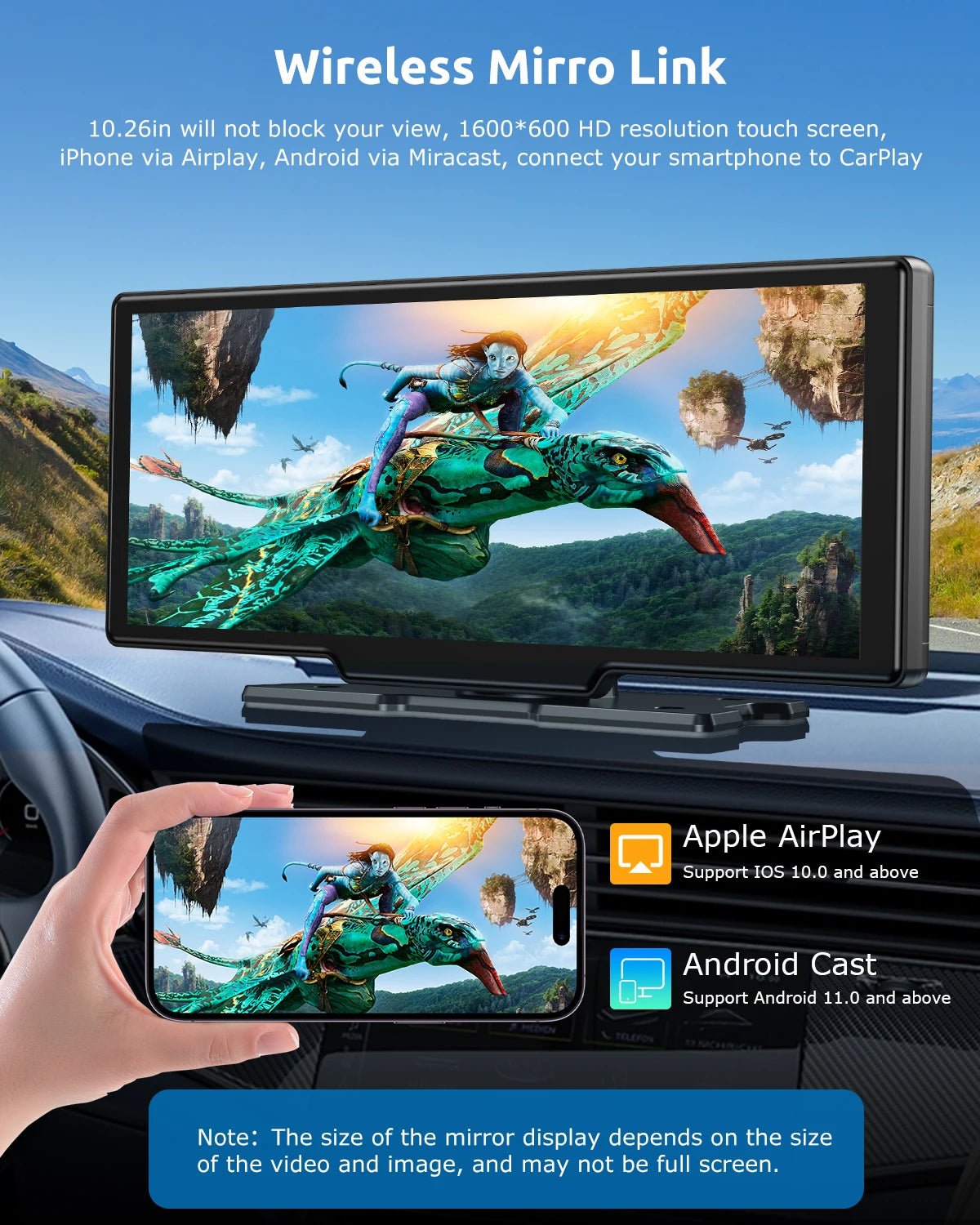 10.26" 4K Portable Touch Screen Dual Lens Car Dash Cam with Wireless Bluetooth, CarPlay, Android Auto, 64GB Storage, FM, AUX, and WiFi Connectivity - DriveNova