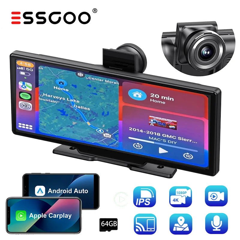 10.26" 4K Portable Touch Screen Dual Lens Car Dash Cam with Wireless Bluetooth, CarPlay, Android Auto, 64GB Storage, FM, AUX, and WiFi Connectivity - DriveNova