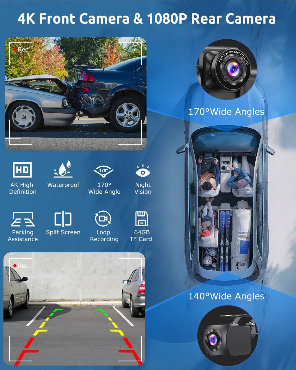 10.26" 4K Portable Touch Screen Dual Lens Car Dash Cam with Wireless Bluetooth, CarPlay, Android Auto, 64GB Storage, FM, AUX, and WiFi Connectivity - DriveNova