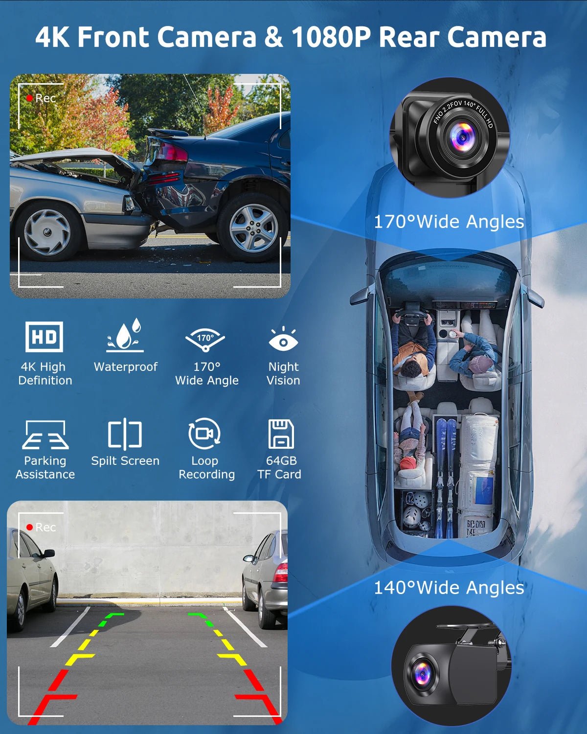 10.26" 4K Portable Touch Screen Dual Lens Car Dash Cam with Wireless Bluetooth, CarPlay, Android Auto, 64GB Storage, FM, AUX, and WiFi Connectivity - DriveNova