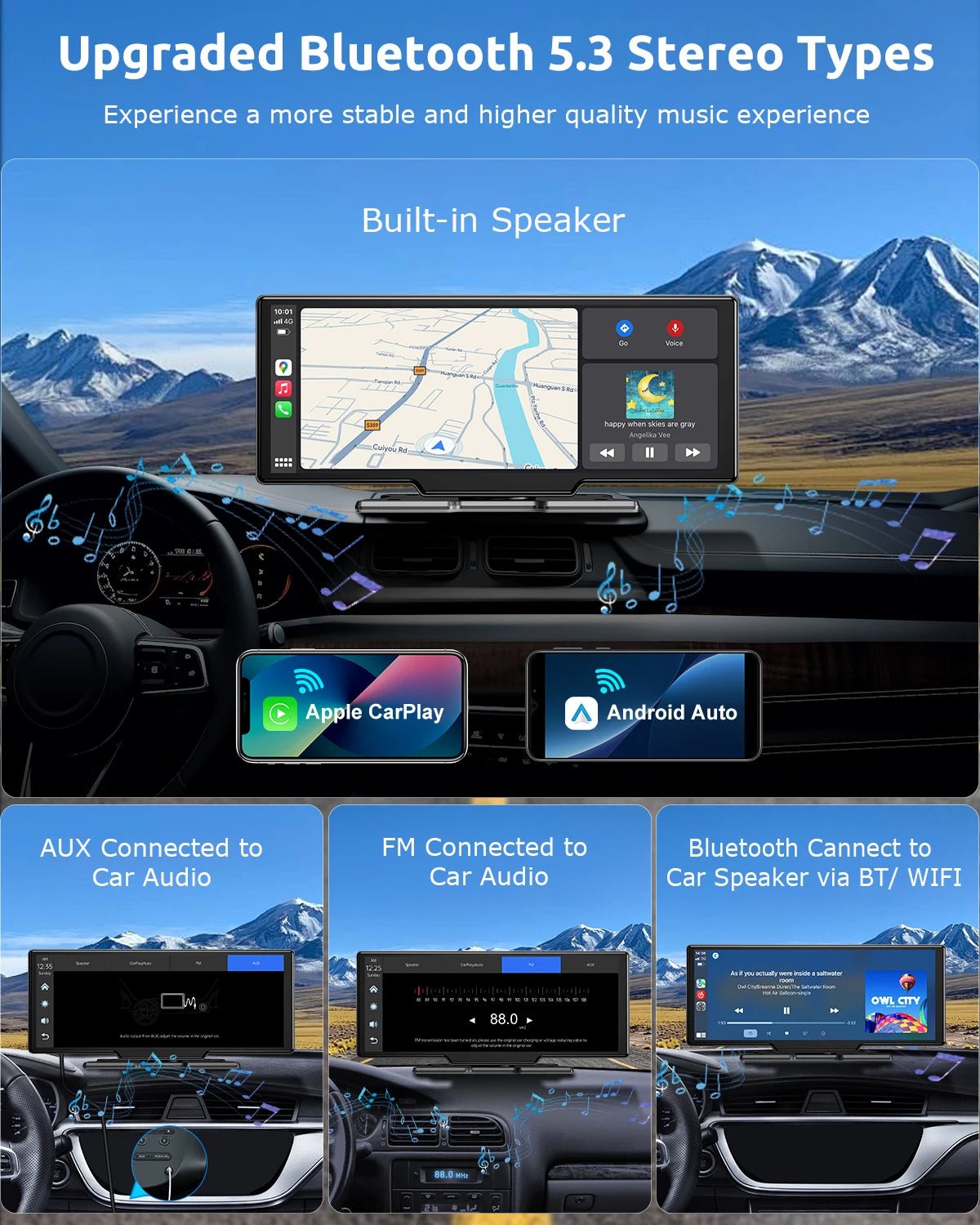 10.26" 4K Portable Touch Screen Dual Lens Car Dash Cam with Wireless Bluetooth, CarPlay, Android Auto, 64GB Storage, FM, AUX, and WiFi Connectivity - DriveNova