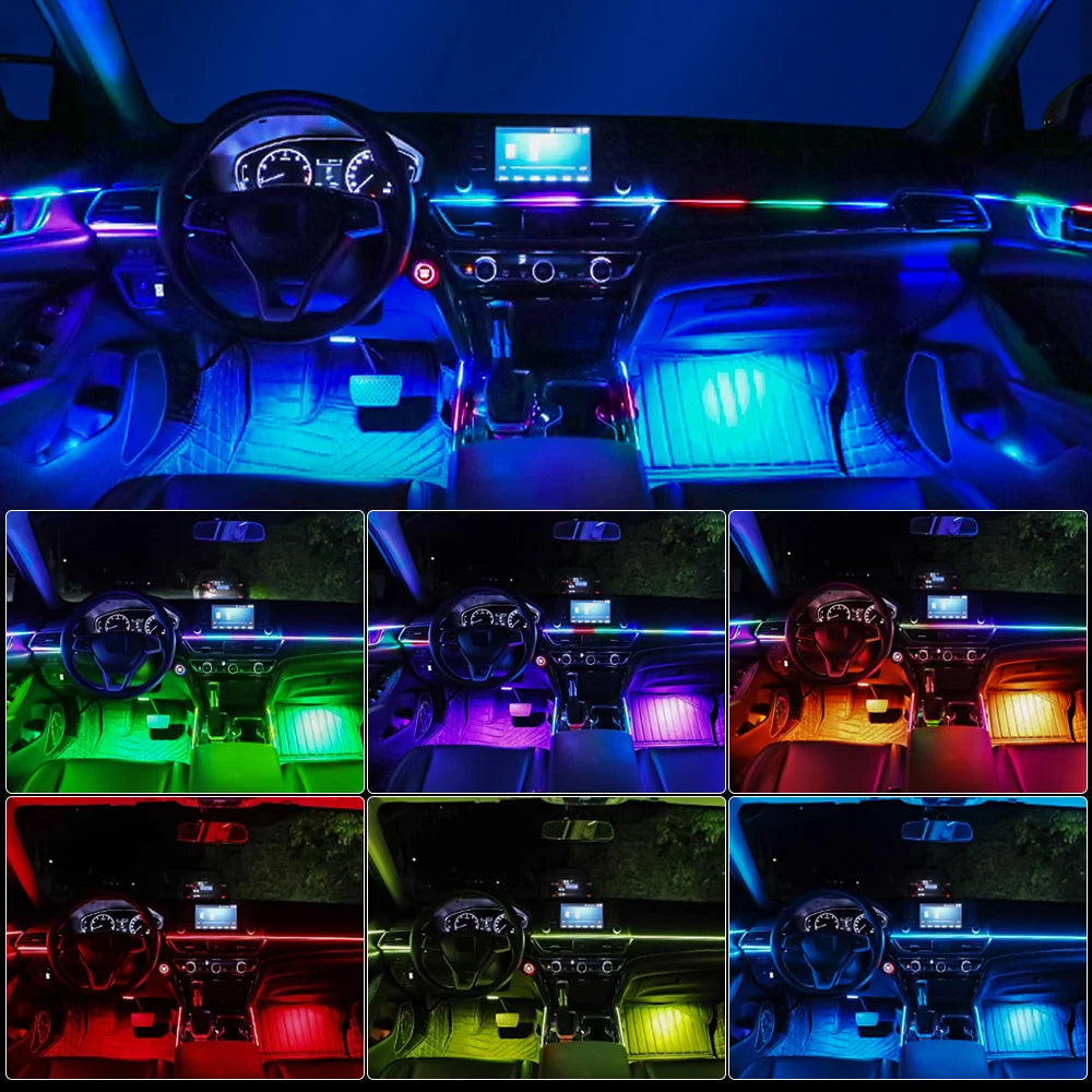18-in-1 LED Car Ambient Lighting System with Bluetooth App Control, RGB Color Spectrum, and Acrylic Strip for Interior Atmosphere Enhancement - 12V