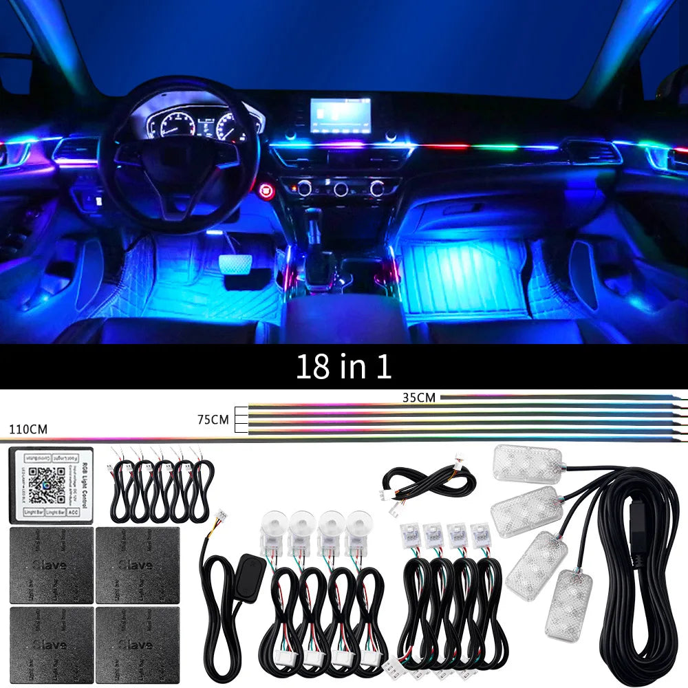 18-in-1 LED Car Ambient Lighting System with Bluetooth App Control, RGB Color Spectrum, and Acrylic Strip for Interior Atmosphere Enhancement - 12V