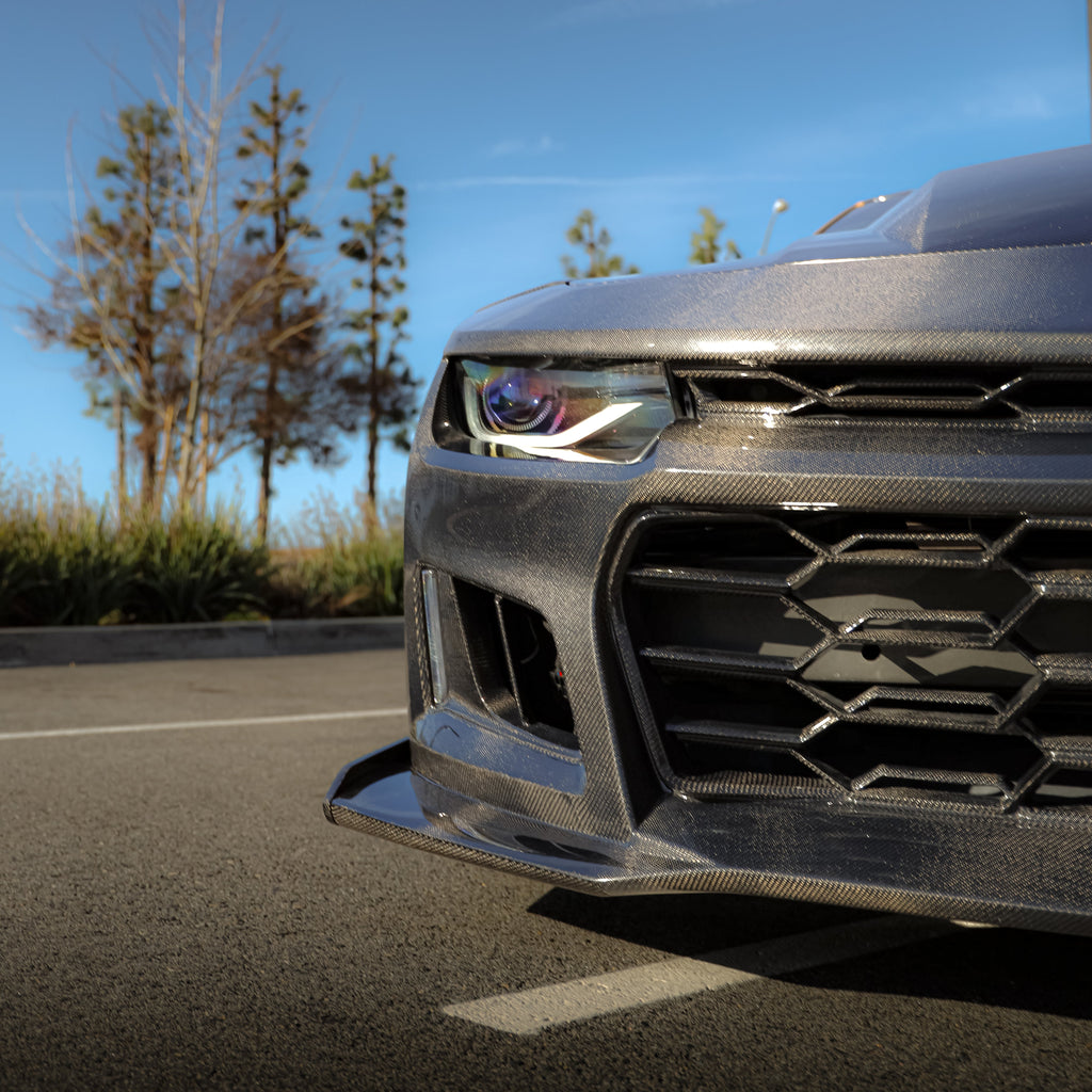 2010-2015 Chevy Camaro Black Panther 1PC Full Gloss Carbon Fiber Front Bumper Conversion Track Package