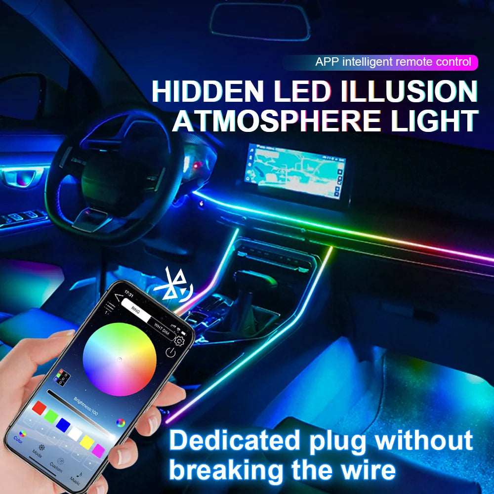 18-in-1 LED Car Ambient Lighting System with Bluetooth App Control, RGB Color Spectrum, and Acrylic Strip for Interior Atmosphere Enhancement - 12V