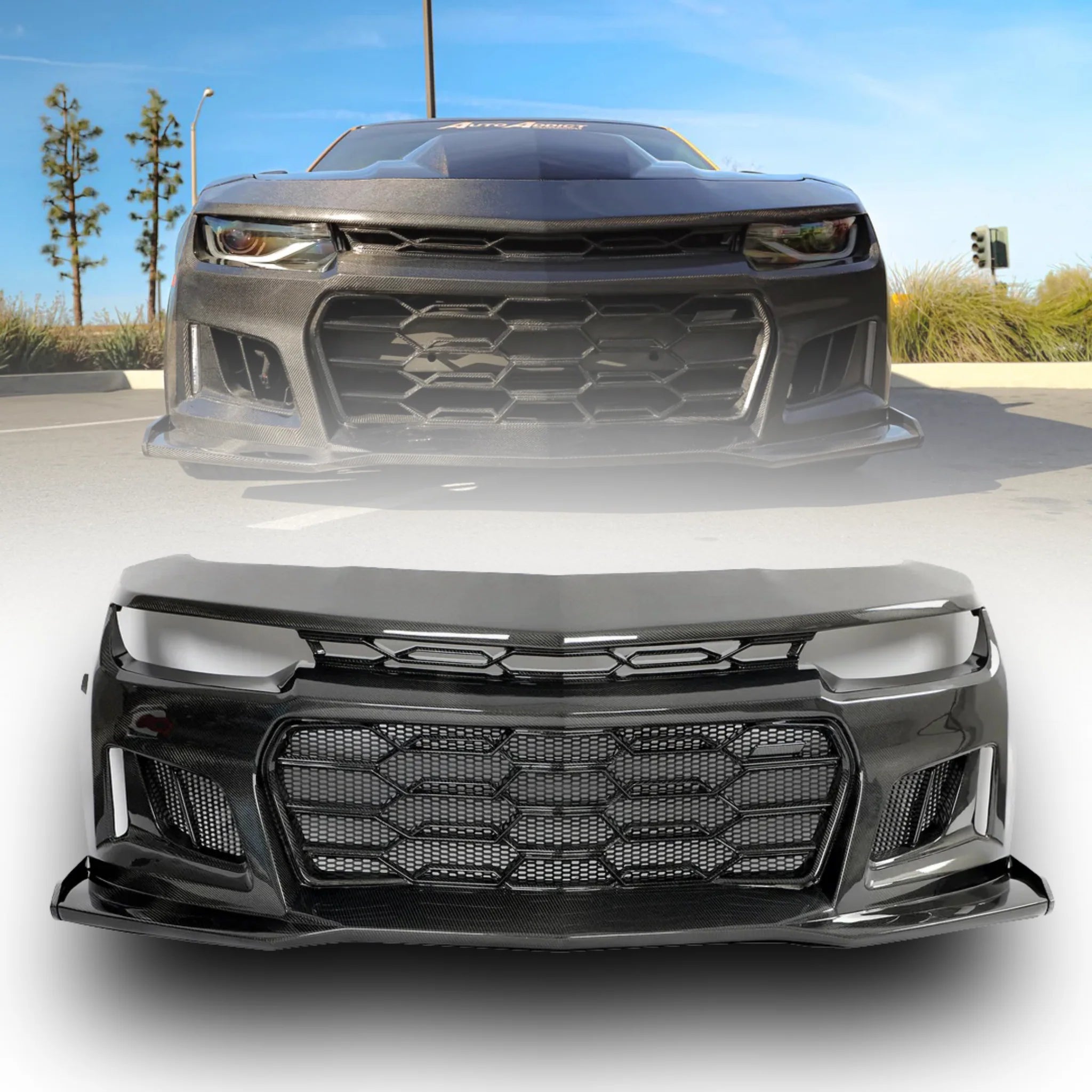 2010-2015 Chevy Camaro Black Panther 1PC Full Gloss Carbon Fiber Front Bumper Conversion Track Package