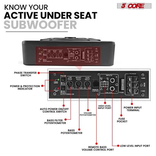 5Core 10 Inch Slim under Seat Car Audio Subwoofer 800W Built in - DriveNova