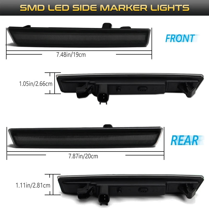Dodge Challenger Front and Rear Side Marker Turn Signal Lights with Rear Bumper Reflector Functionality for Tail and Rear Fog Lights