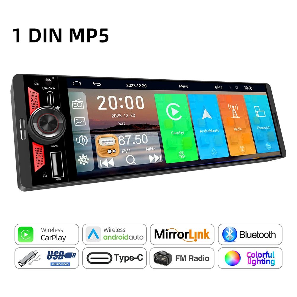 6.5 Inch 1Din IPS Screen Wireless Carplay Android Auto Airplay Car Radio MP5 Player Stereo Bluetooth FM Type-C PD3.0 Fast Charge - DriveNova