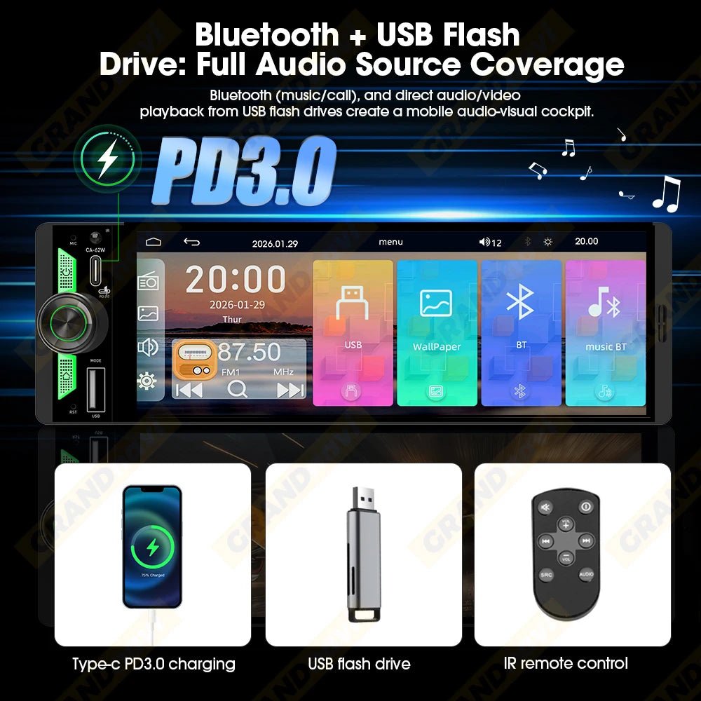 6.5 Inch 1Din IPS Screen Wireless Carplay Android Auto Airplay Car Radio MP5 Player Stereo Bluetooth FM Type-C PD3.0 Fast Charge - DriveNova