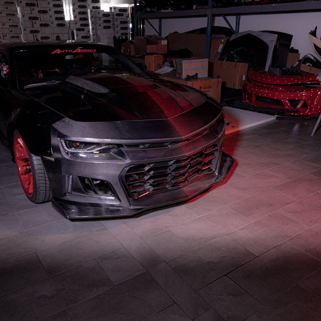 2010-2015 Chevy Camaro Black Panther 1PC Full Gloss Carbon Fiber Front Bumper Conversion Track Package