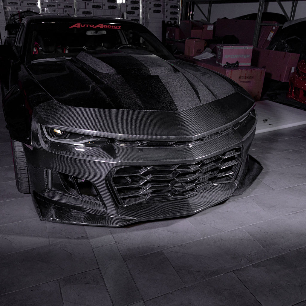 2010-2015 Chevy Camaro Black Panther 1PC Full Gloss Carbon Fiber Front Bumper Conversion Track Package
