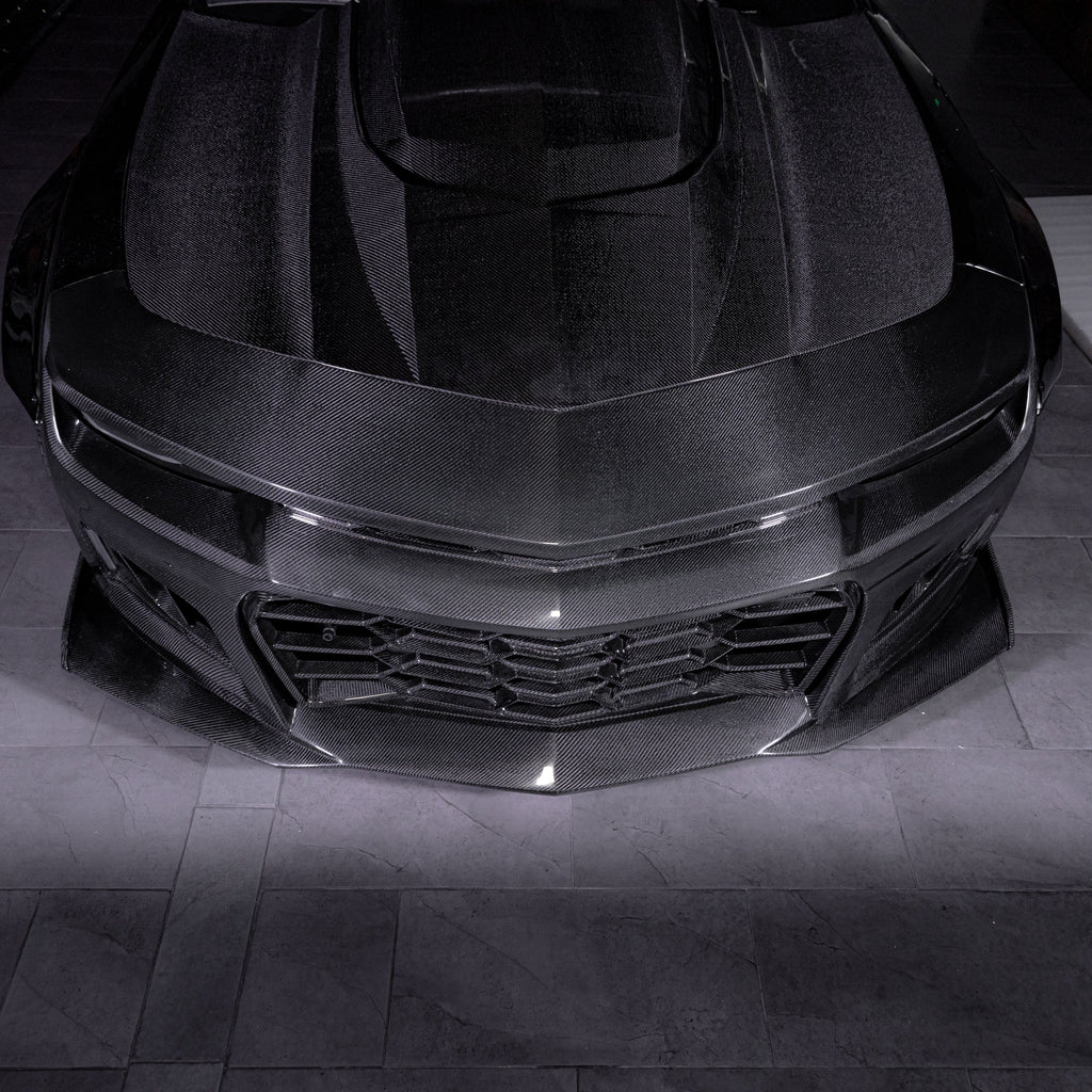 2010-2015 Chevy Camaro Black Panther 1PC Full Gloss Carbon Fiber Front Bumper Conversion Track Package
