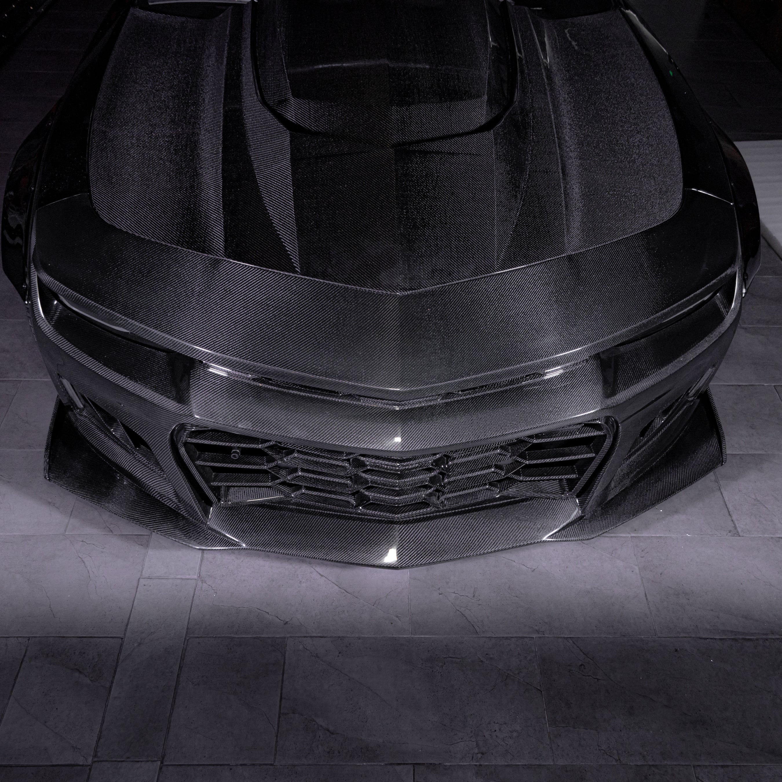 2010-2015 Chevy Camaro Black Panther 1PC Full Gloss Carbon Fiber Front Bumper Conversion Track Package