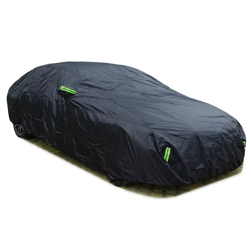 Premium Full Exterior Car Cover - Black Auto Protection with Reflective Strips, Dustproof and Sunshade, Universal Fit for Hatchback, Sedan, and SUV