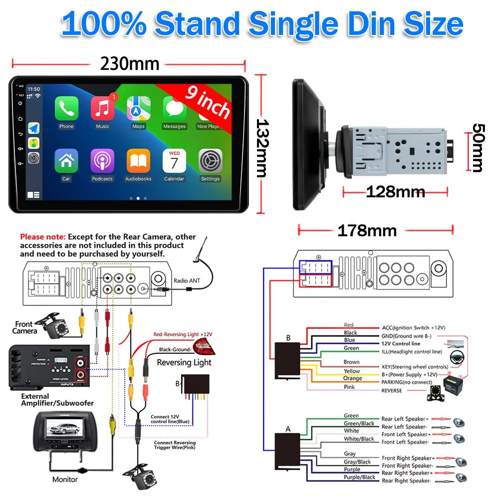 9-Inch Single Din Car Stereo with Apple CarPlay and Android Auto, Touchscreen Bluetooth Audio System with Backup Camera - DriveNova