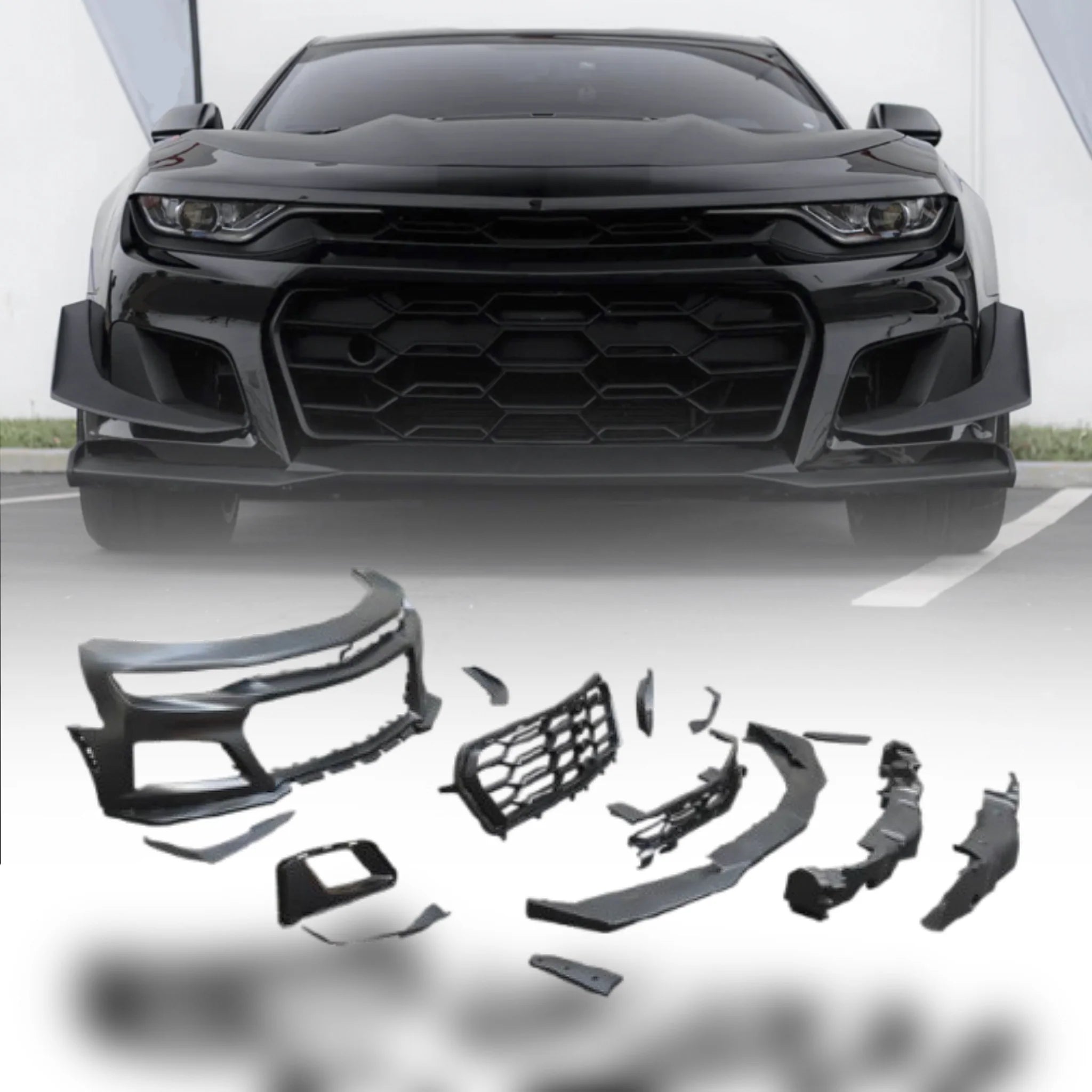 2019-2025 Chevy Camaro ZL1 1LE Track Package Front Bumper Conversion Kit - 13 Piece Flat Black for RS Headlights