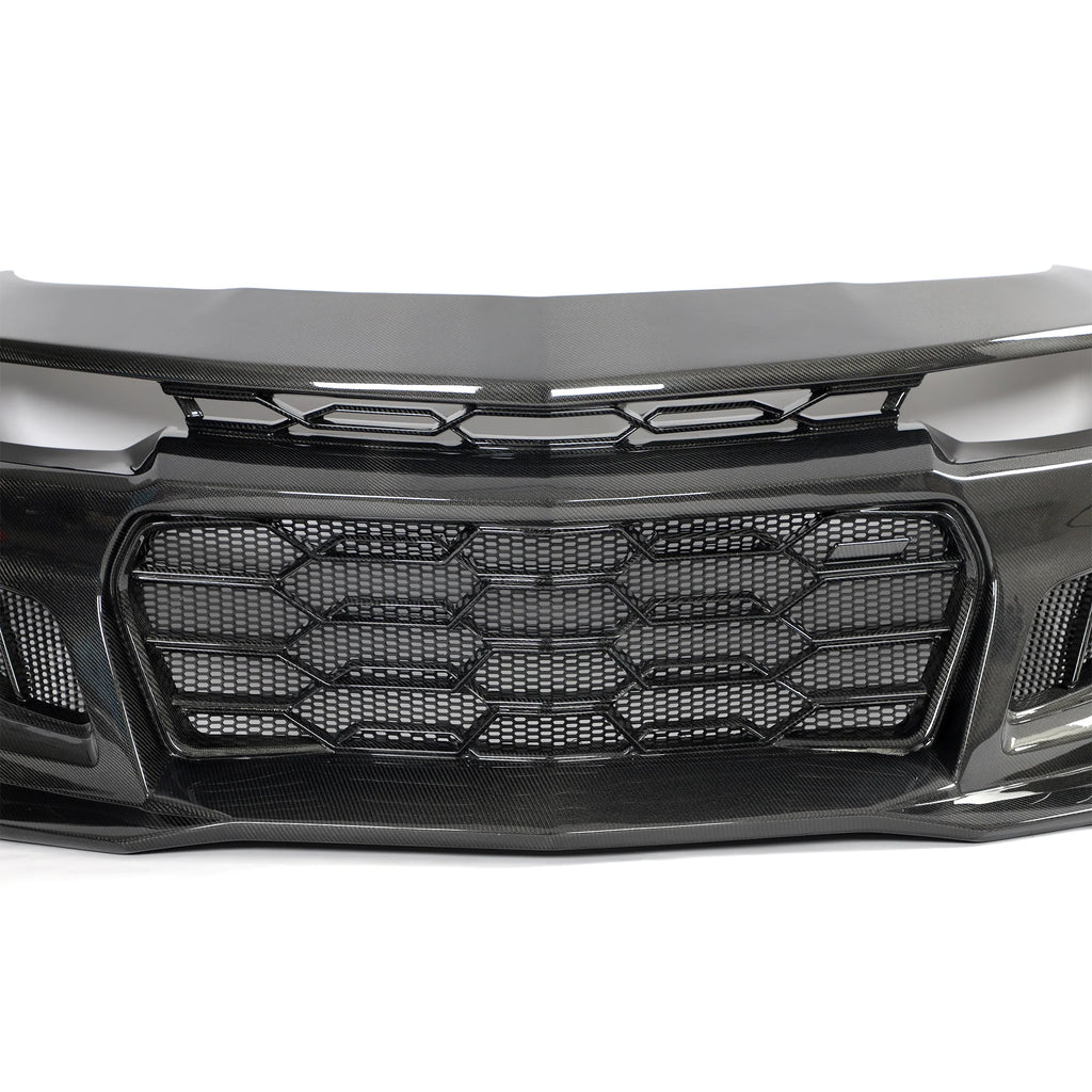 2010-2015 Chevy Camaro Black Panther 1PC Full Gloss Carbon Fiber Front Bumper Conversion Track Package