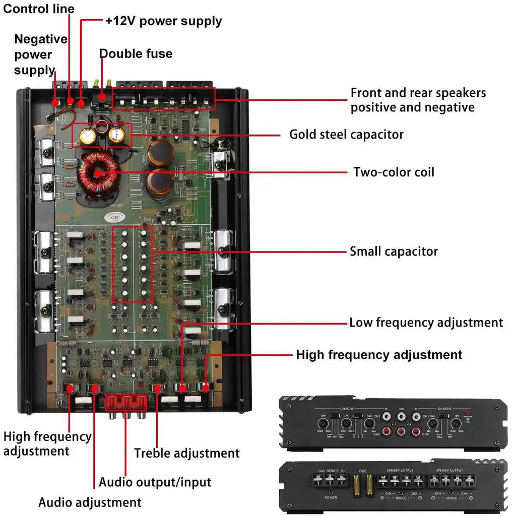 9900W 4-Channel Digital Power Amplifier for Car and Home Audio Systems, 12V Subwoofer Compatible - DriveNova
