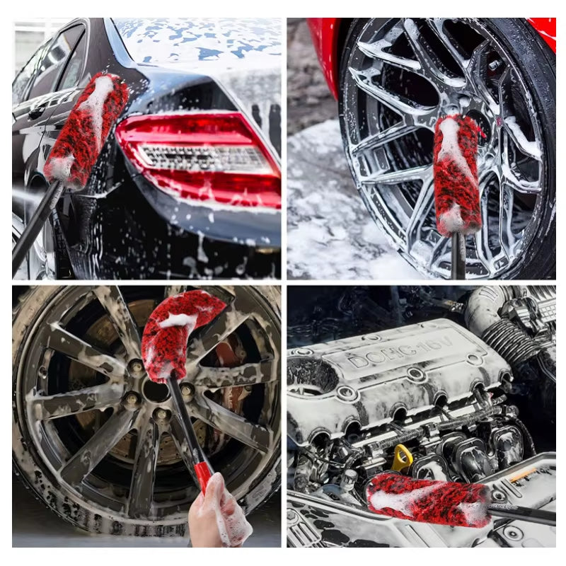 Professional Car Wheel Detailing Brush Set - Plush Wool Cleaning Brushes with Long Bendable Handles for Effective Tire and Rim Care