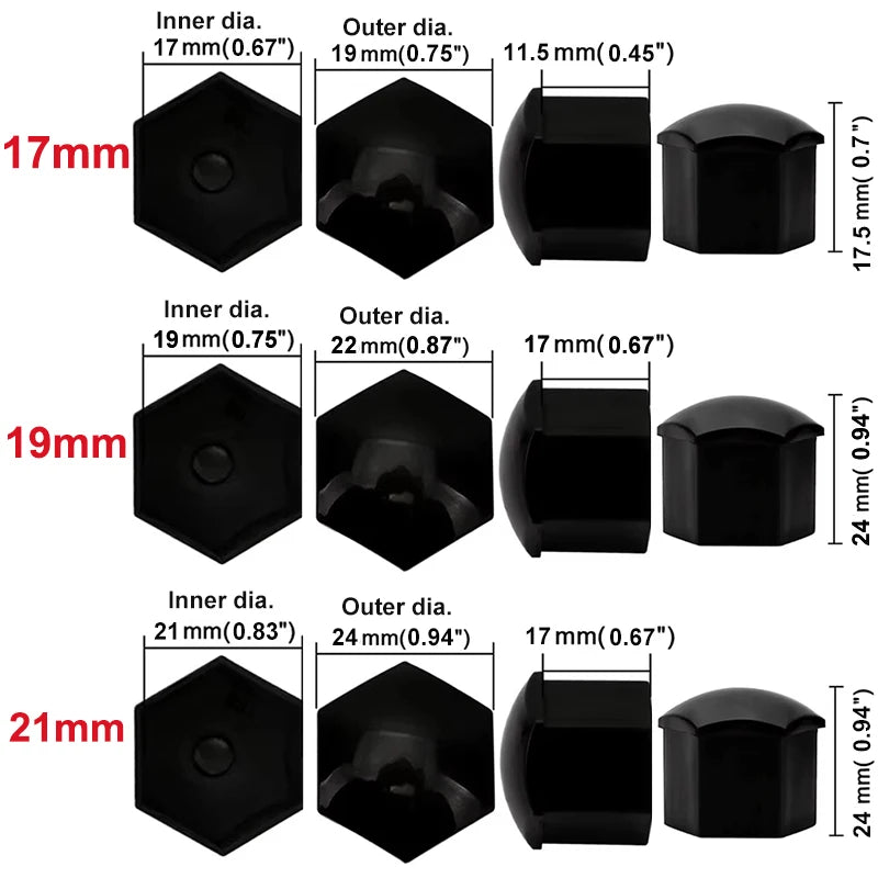 20-Piece Set of Black Car Wheel Nut Caps for 17mm, 19mm, and 21mm Protection and Decoration