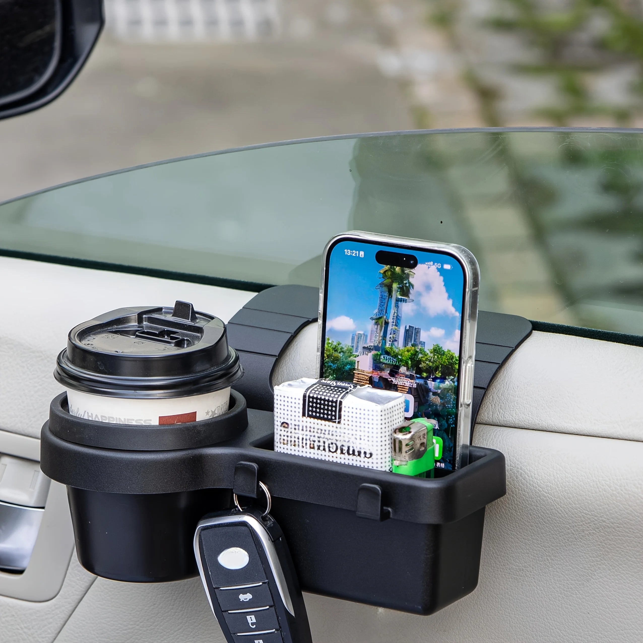 Multi-Functional Car Storage Organizer with Key Holder and Cup Holders