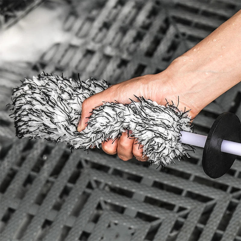 Car Wash Brush Plush Premium Wheels Brush Non-Slip Handle Easy to Cleaning Rims Spokes Wheel Barrel Cleaning Mitt