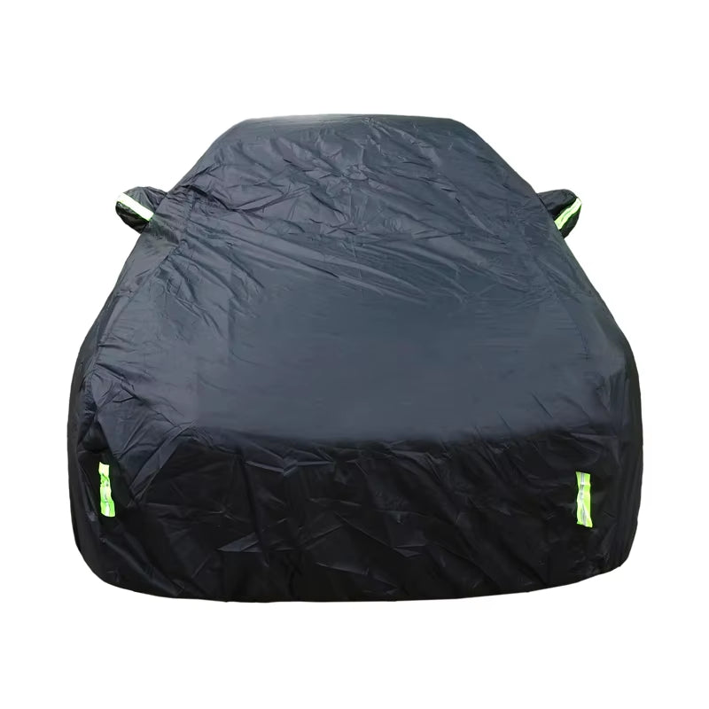 Premium Full Exterior Car Cover - Black Auto Protection with Reflective Strips, Dustproof and Sunshade, Universal Fit for Hatchback, Sedan, and SUV