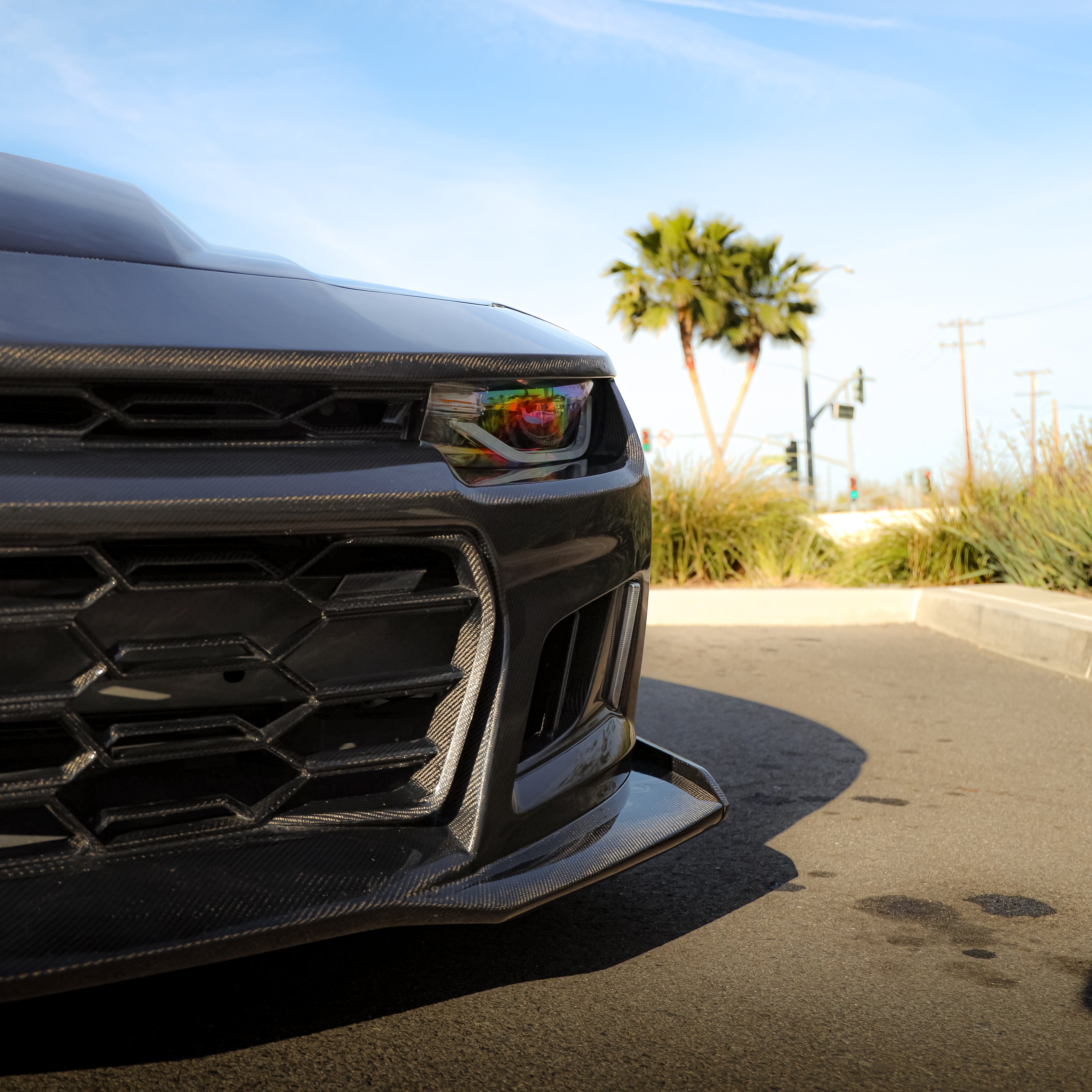 2010-2015 Chevy Camaro Black Panther 1PC Full Gloss Carbon Fiber Front Bumper Conversion Track Package