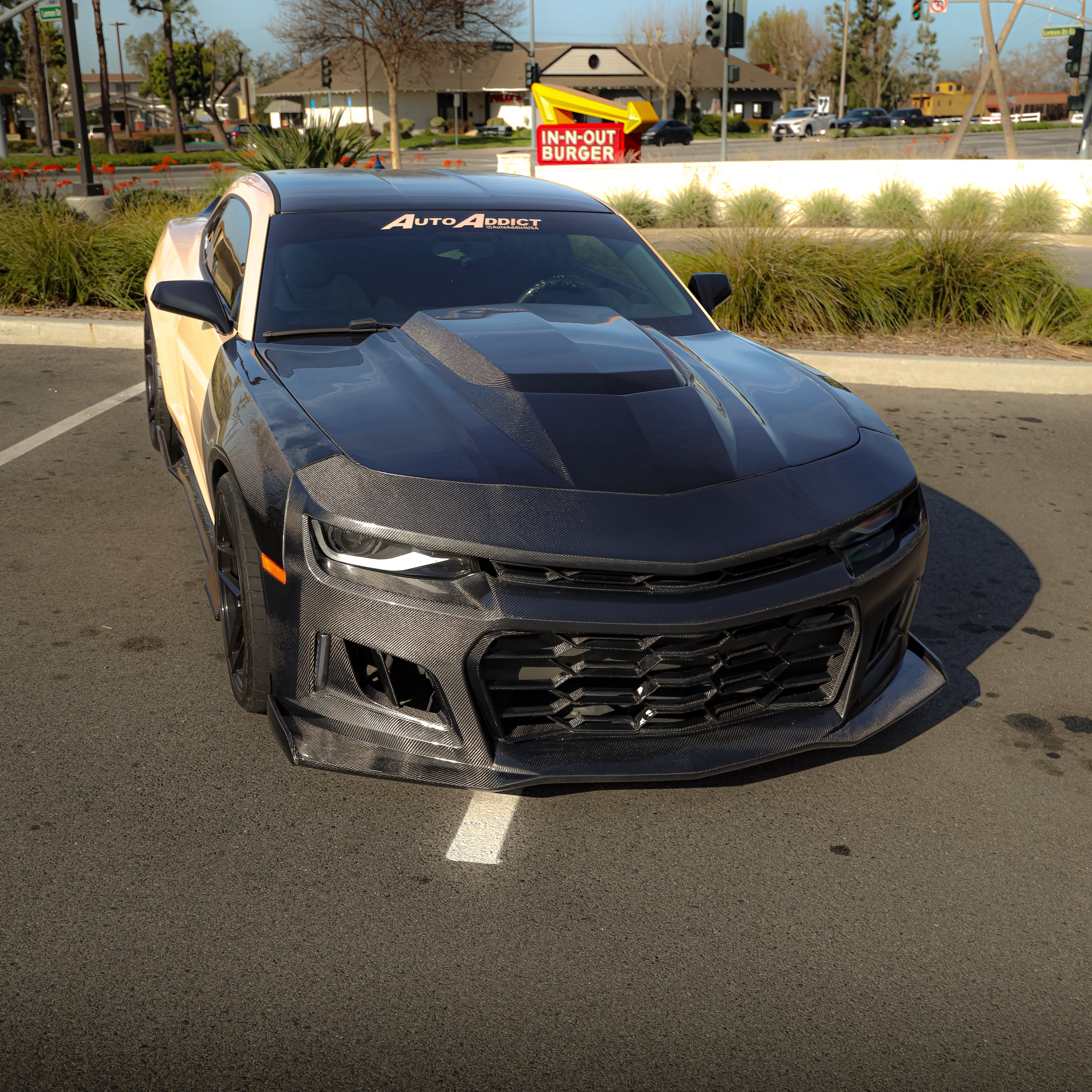 2010-2015 Chevy Camaro Black Panther 1PC Full Gloss Carbon Fiber Front Bumper Conversion Track Package
