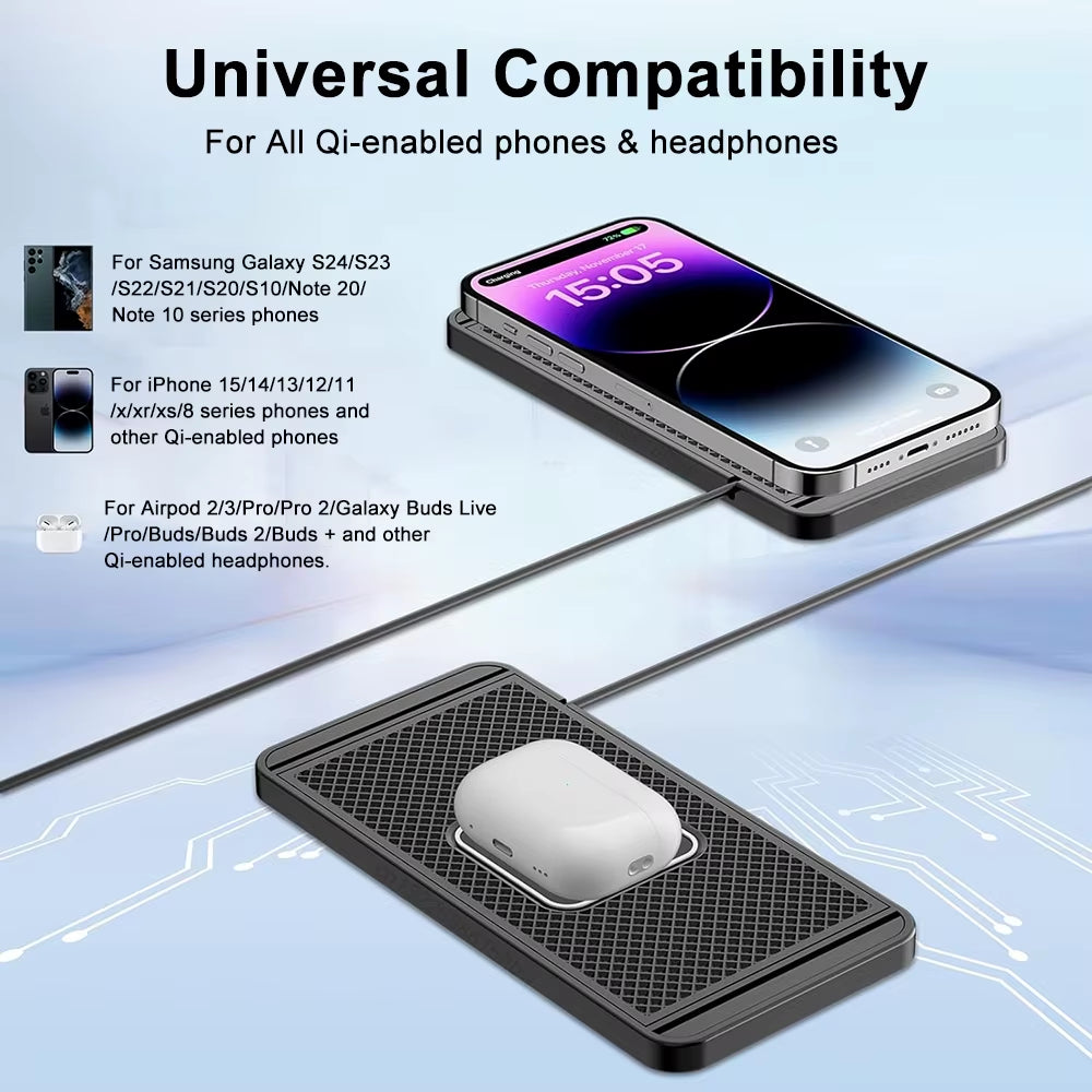 Car Wireless Charger with Silicone Non-Slip Pad for iPhone 15/14/13/12, Samsung S24/S23, and Xiaomi - Fast Induction Charging Solution