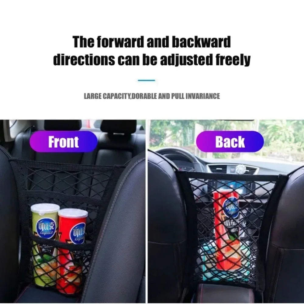 Car Interior Storage Net Bag - Seat Divider for Child Safety and Pet Barrier, Elastic Expandable Mesh Accessory