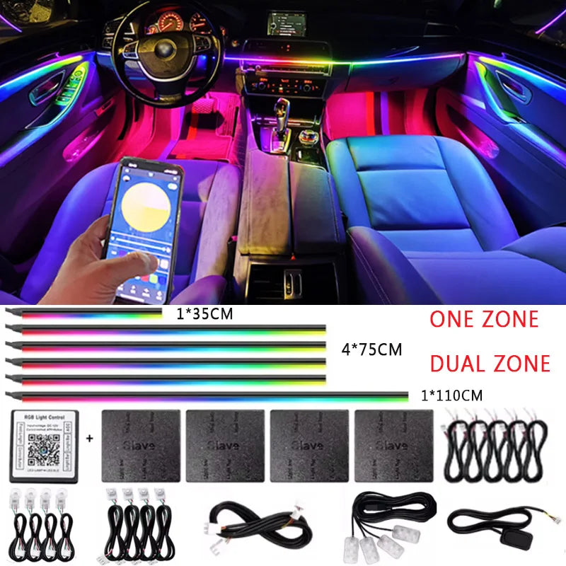 18-in-1 LED Car Ambient Lighting System with Bluetooth App Control, RGB Color Spectrum, and Acrylic Strip for Interior Atmosphere Enhancement - 12V