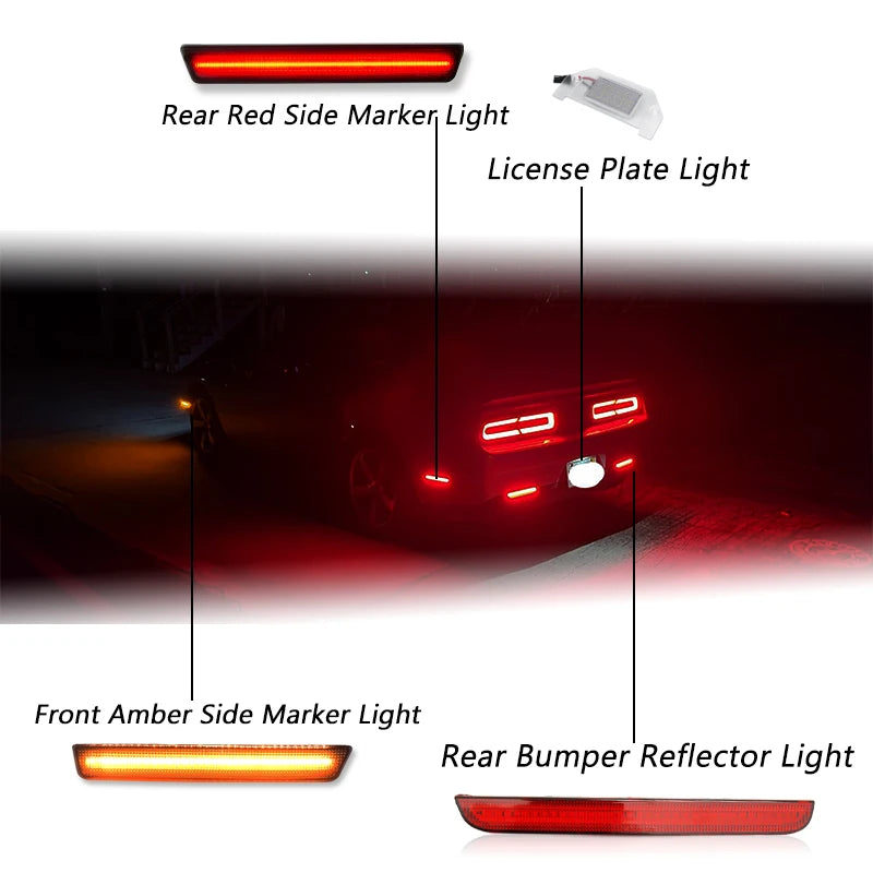 Dodge Challenger Front and Rear Side Marker Turn Signal Lights with Rear Bumper Reflector Functionality for Tail and Rear Fog Lights