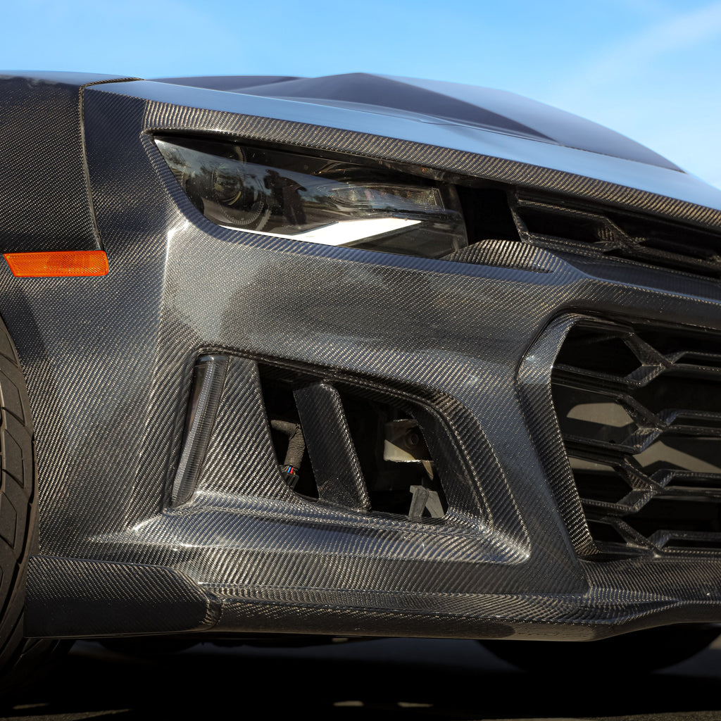 2010-2015 Chevy Camaro Black Panther 1PC Full Gloss Carbon Fiber Front Bumper Conversion Track Package