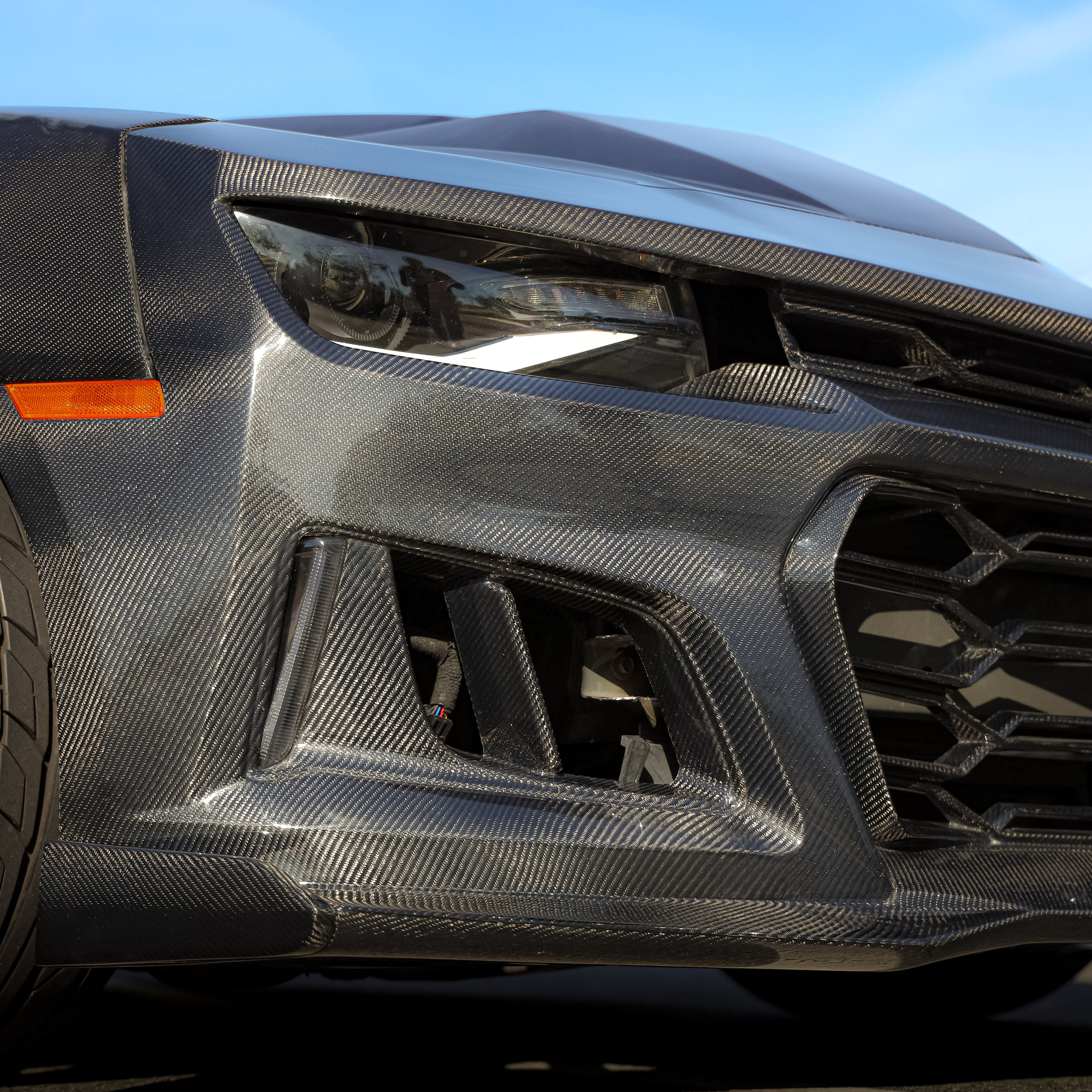 2010-2015 Chevy Camaro Black Panther 1PC Full Gloss Carbon Fiber Front Bumper Conversion Track Package
