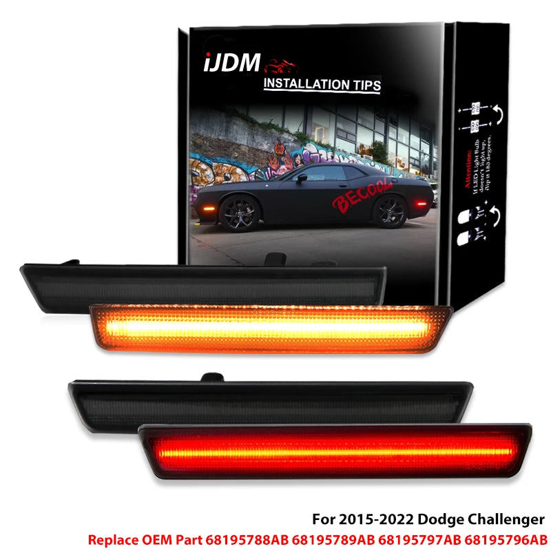 Dodge Challenger Front and Rear Side Marker Turn Signal Lights with Rear Bumper Reflector Functionality for Tail and Rear Fog Lights