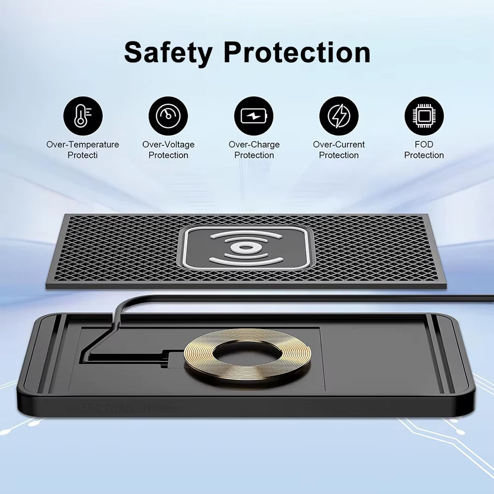 Car Wireless Charger with Silicone Non-Slip Pad for iPhone 15/14/13/12, Samsung S24/S23, and Xiaomi - Fast Induction Charging Solution