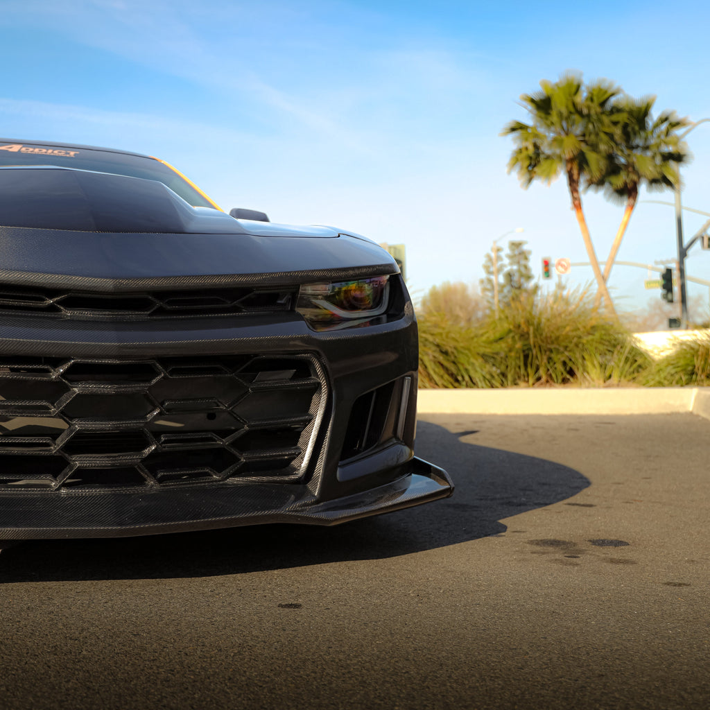 2010-2015 Chevy Camaro Black Panther 1PC Full Gloss Carbon Fiber Front Bumper Conversion Track Package