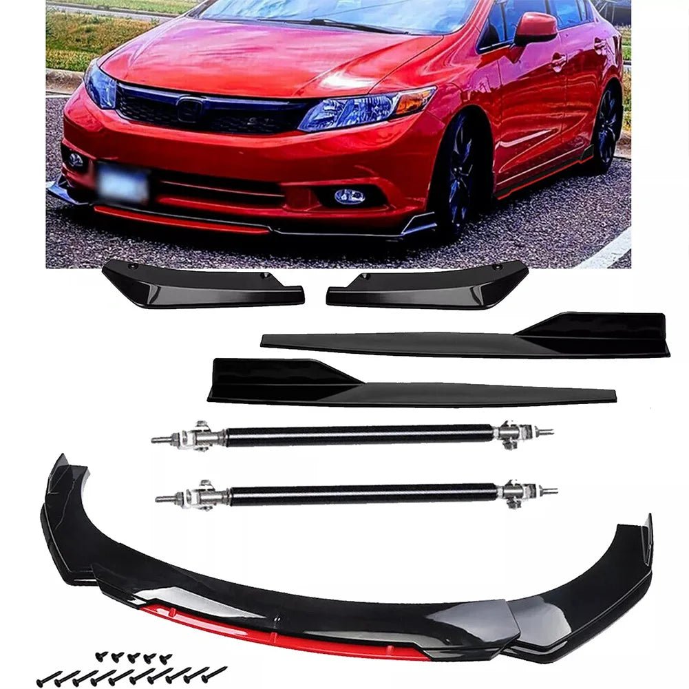Front Bumper Lip Spoiler Splitter and Side Skirt Kit - Anti-Collision ABS Chin Spoiler Diffuser Protector for Vehicles Up to 1.9M Wide - DriveNova