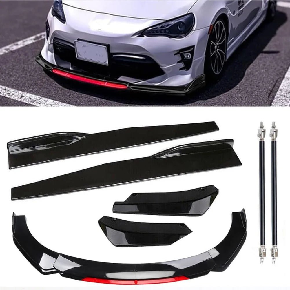 Front Bumper Lip Spoiler Splitter and Side Skirt Kit - Anti-Collision ABS Chin Spoiler Diffuser Protector for Vehicles Up to 1.9M Wide - DriveNova