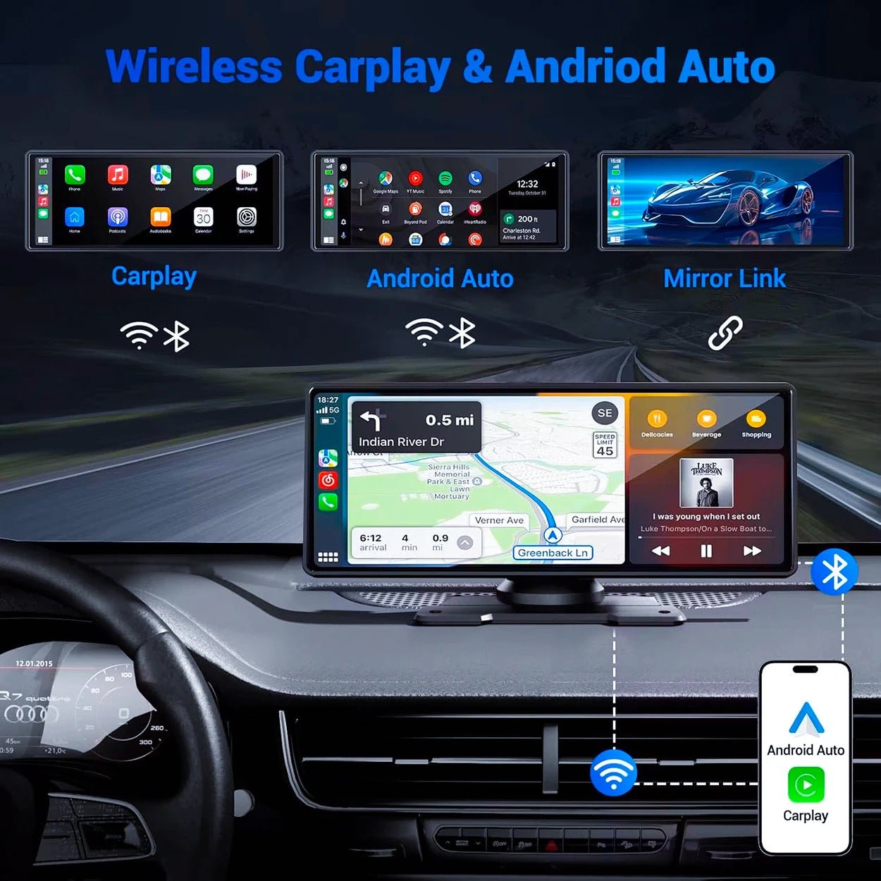 Pionray 7/10 inches android auto Universal Portable CarPlay for Car Screen Car Radio Video Wireless Carplay Screen for Apple - DriveNova