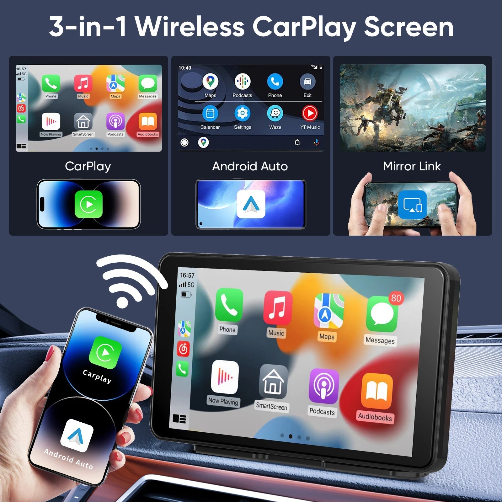 Pionray 7/10 inches android auto Universal Portable CarPlay for Car Screen Car Radio Video Wireless Carplay Screen for Apple - DriveNova