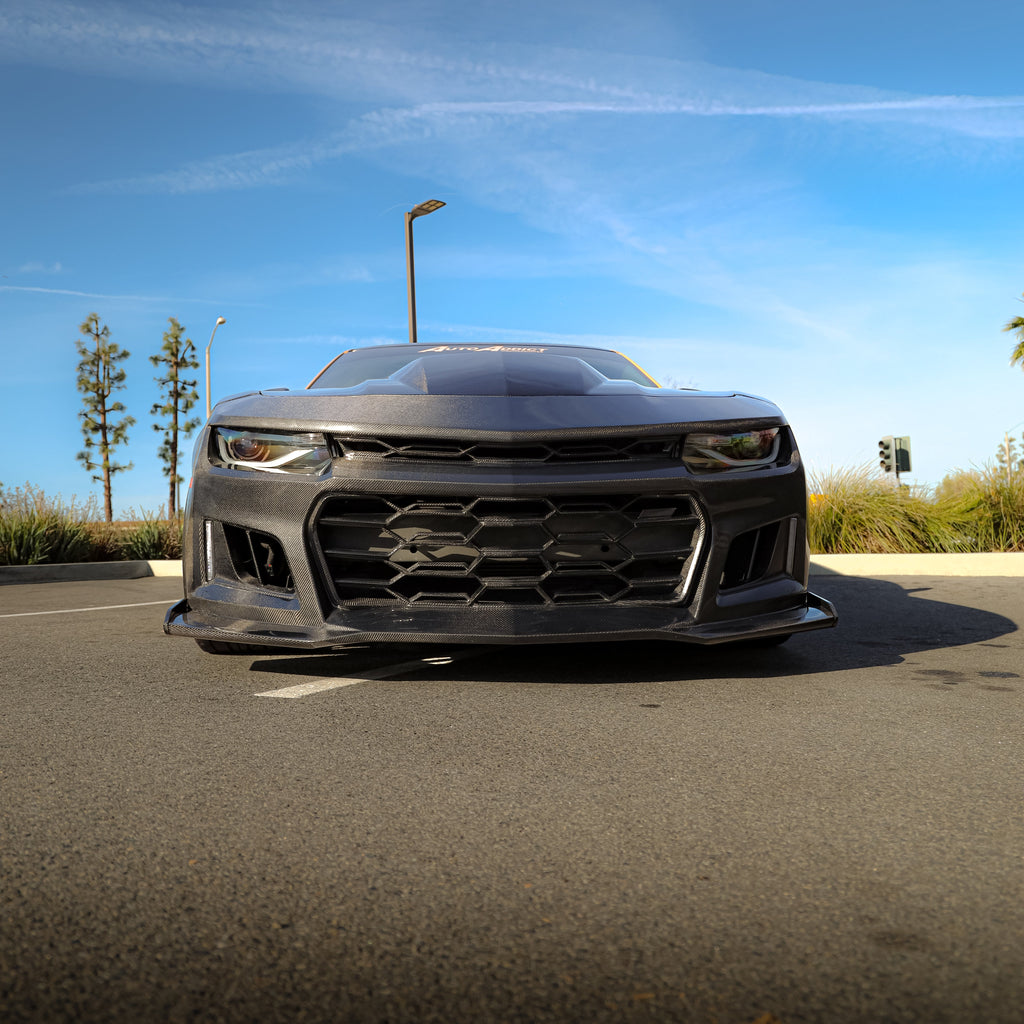 2010-2015 Chevy Camaro Black Panther 1PC Full Gloss Carbon Fiber Front Bumper Conversion Track Package