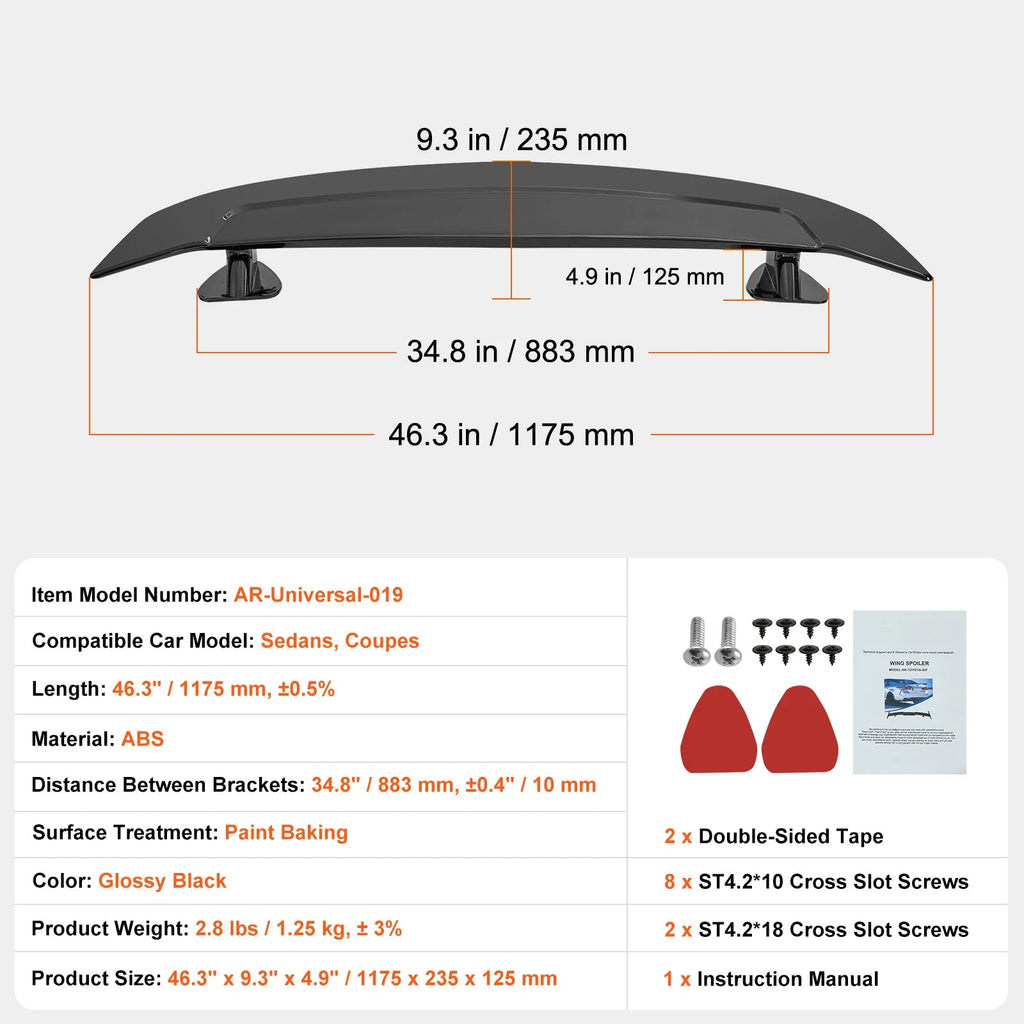 Universal 46.3-Inch GT Wing Car Spoiler for Sedans and Coupes - High Strength ABS Material in Black - DriveNova