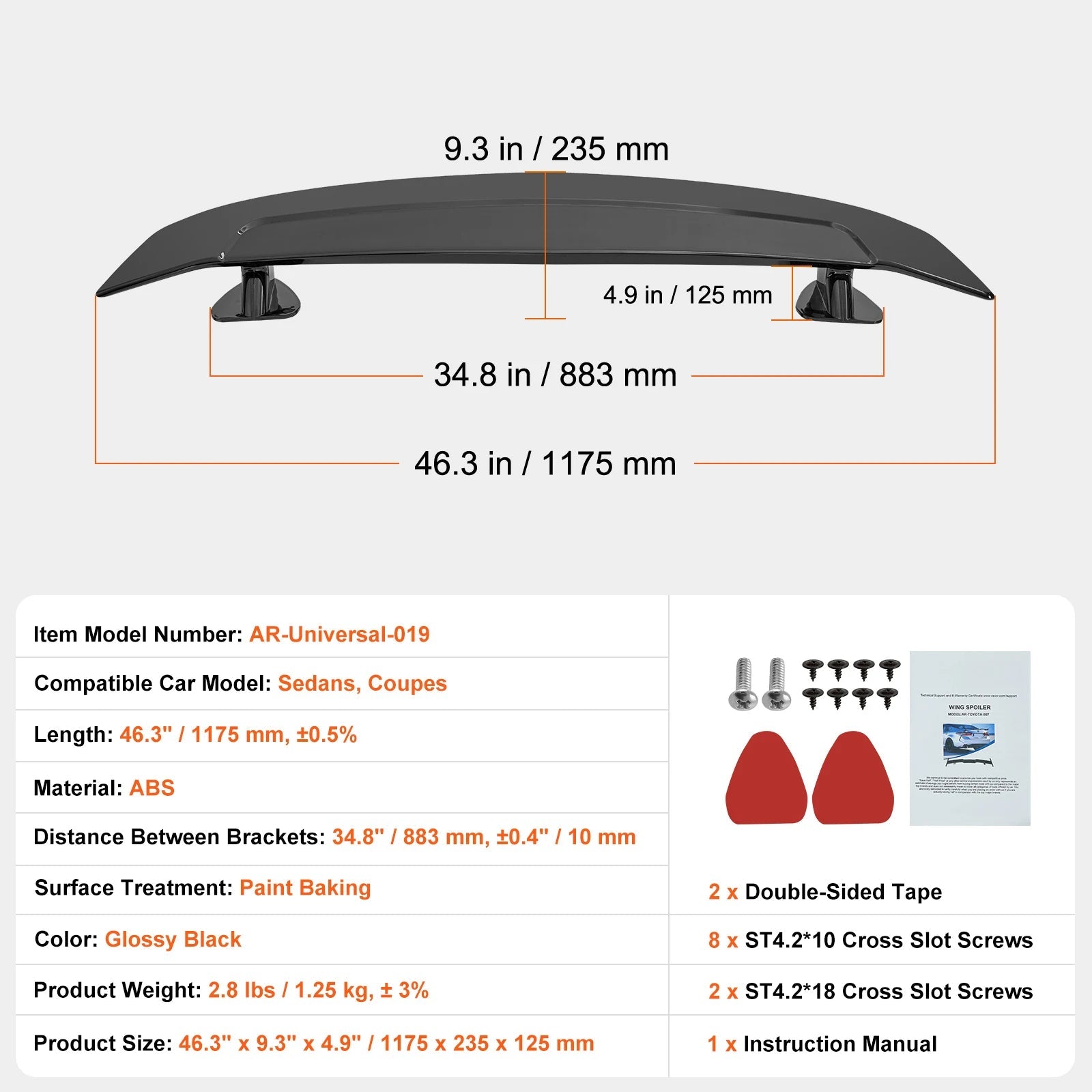Universal 46.3-Inch GT Wing Car Spoiler for Sedans and Coupes - High Strength ABS Material in Black - DriveNova